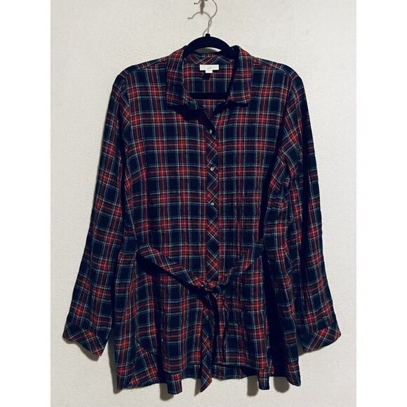 J Jill Top Womens Medium Black Multicolor Plaid Tie Front Button Front Preppy - Picture 2 of 10